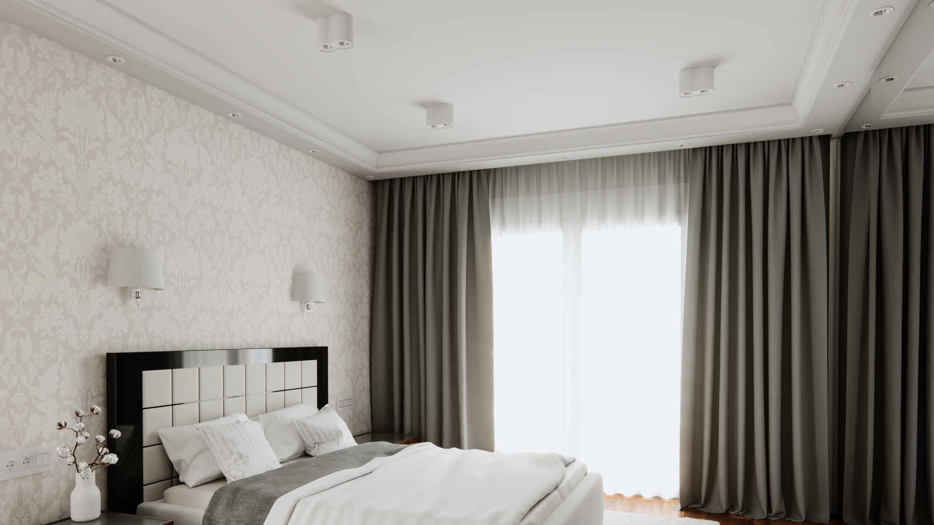 Halogen lights and surface-mounted LED luminaires in the bedroom