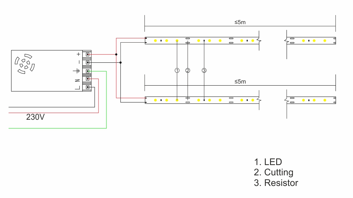 Diagram of connecting a single-colour LED strip to the power supply.